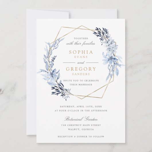 Goud Geometrisch Bloemen Blauw Bladeren Lijst Brui Kaart (Voorkant)