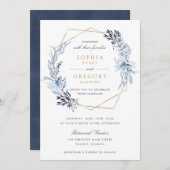 Goud Geometrisch Bloemen Blauw Bladeren Lijst Brui Kaart (Voorkant / Achterkant)