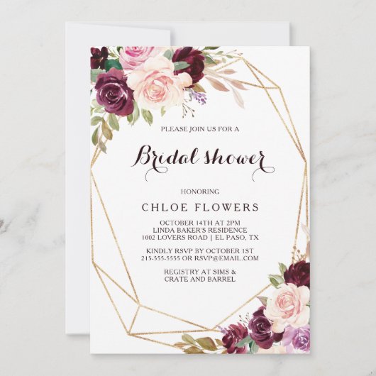 Goud Geometrisch Blush Bourgogne Bloemen Vrijgezel Kaart (Voorkant)