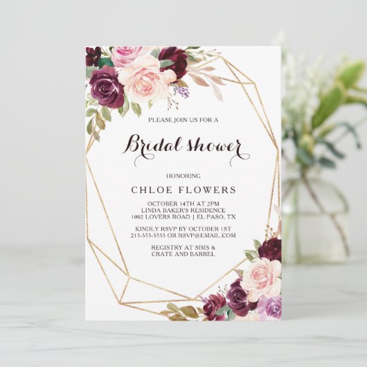 Goud Geometrisch Blush Bourgogne Bloemen Vrijgezel Kaart (Staand voorkant)