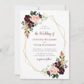 Goud Geometrisch Bourgondië & Blush Bloemen Bruilo Kaart (Voorkant)