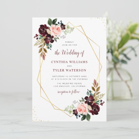 Goud Geometrisch Bourgondië & Blush Bloemen Bruilo Kaart (Staand voorkant)