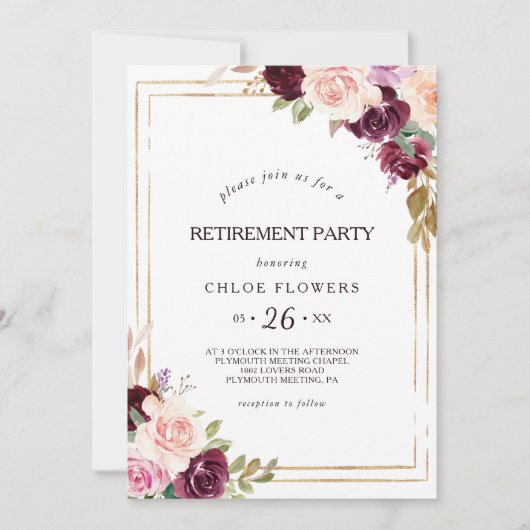 Goud Geometrisch Bourgondisch Bloemen Pensioen Par Kaart (Voorkant)