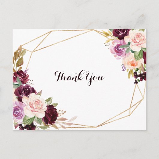 Goud Geometrisch Groen Bourgondië Bloemen Dank u Briefkaart (Voorkant)