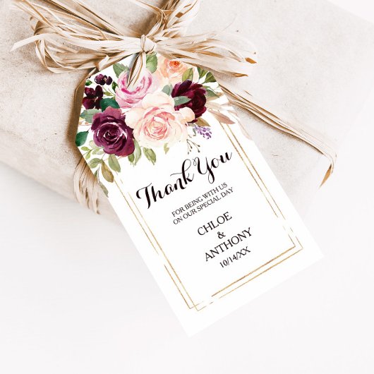 Goud Geometrisch Groen Bourgondië Bloemen Dank u Cadeaulabel