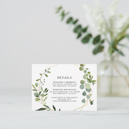 Goud Geometrisch Groen Eucalyptus Bruiloft Details Informatiekaartje (Staand voorkant)