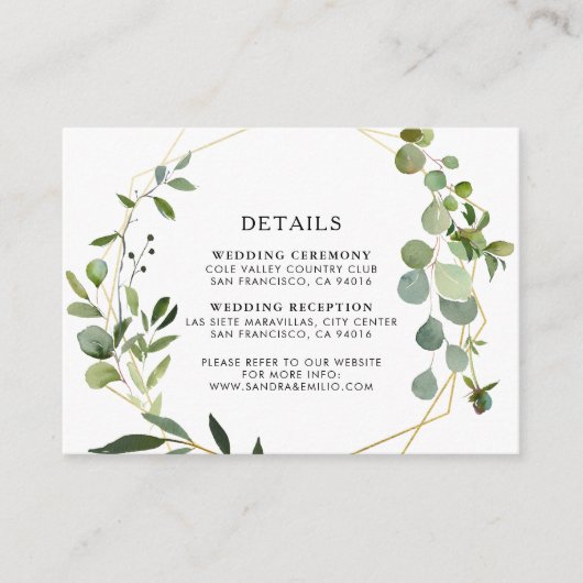 Goud Geometrisch Groen Eucalyptus Bruiloft Details Informatiekaartje (Voorkant)