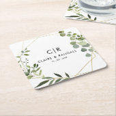 Goud Geometrisch Groen Eucalyptus Bruiloft Kartonnen Onderzetters (Schuin)