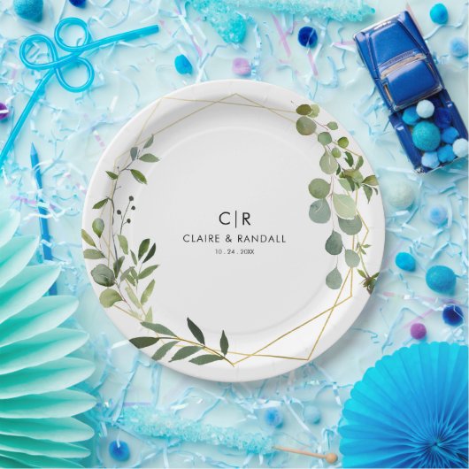 Goud Geometrisch Groen Eucalyptus Bruiloft Papieren Bordje (Feest)