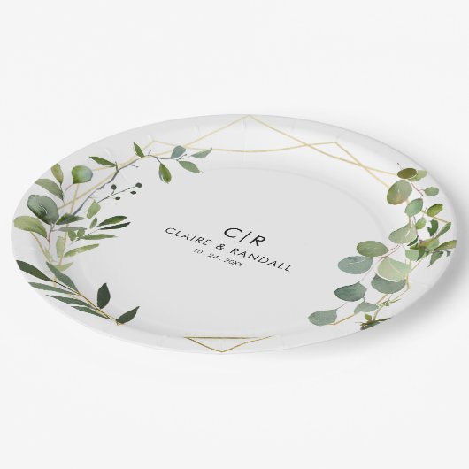 Goud Geometrisch Groen Eucalyptus Bruiloft Papieren Bordje (Gekanteld)