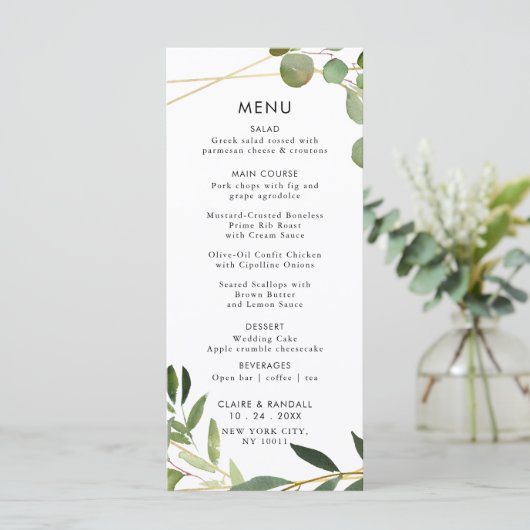Goud Geometrisch Groen Eucalyptus Bruiloft Vlak Me Menu (Staand voorkant)