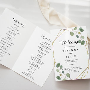 Goud Geometrisch groen Eucalyptus gevouwen bruilof Programma