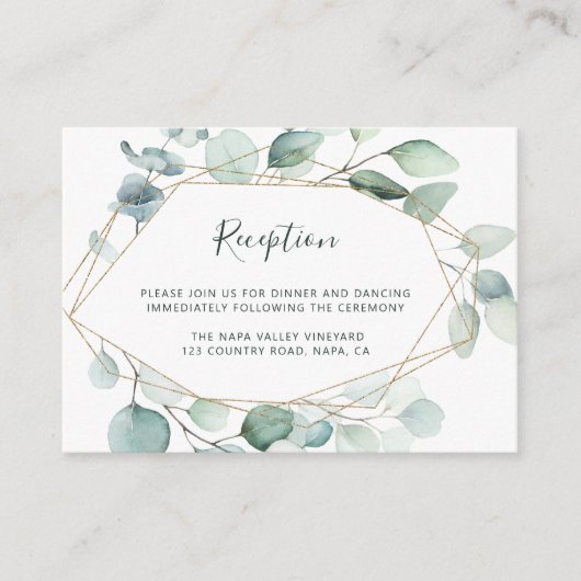 Goud Geometrisch groen loof bruiloft receptie Informatiekaartje (Voorkant)