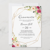 Goud Geometrisch groen Roze Bloemen Quinceañera Kaart (Voorkant)
