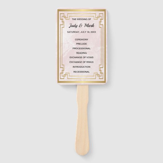 Goud Geometrisch Lijst Roze Marmeren Trouwprogramm Handwaaier (Voorkant)