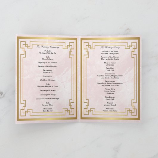Goud Geometrisch Lijst Roze Marmeren Trouwprogramm Kaart (Binnen)