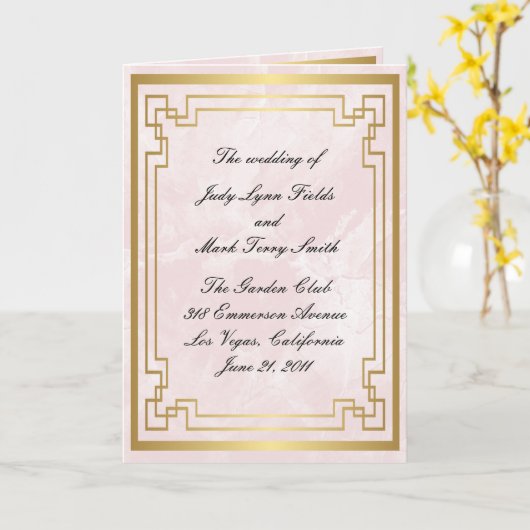 Goud Geometrisch Lijst Roze Marmeren Trouwprogramm Kaart (Gele Bloem)