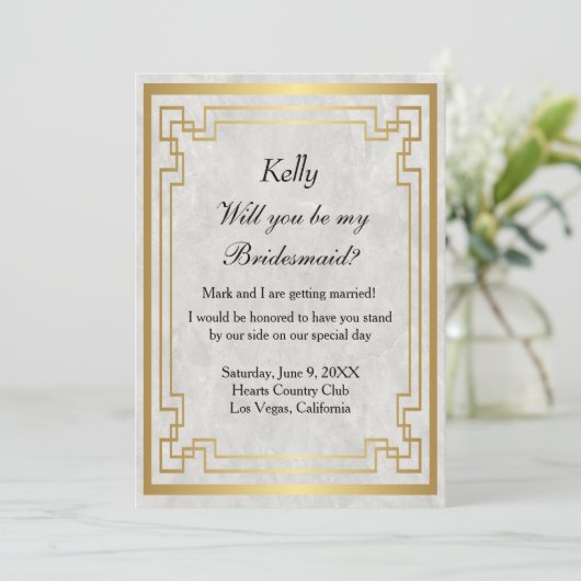 Goud Geometrisch Lijst Wit Marmer Bruidsmeisje Kaart (Staand voorkant)