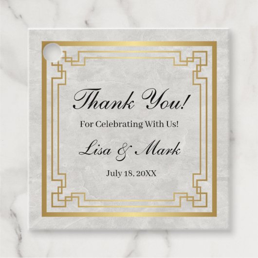Goud Geometrisch Lijst Wit Marmeren Bruiloft Bedankjes Labels (Voorkant)