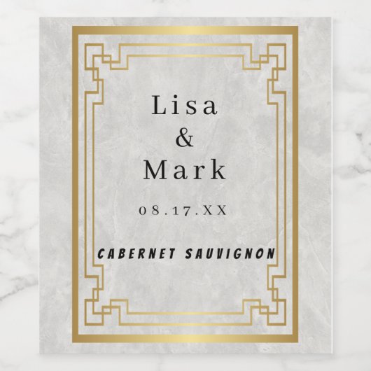 Goud Geometrisch Lijst Wit Marmeren Bruiloft Wijn Etiket (Enkel label)