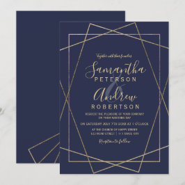 Goud Geometrisch Marine Blauw Typografie Bruiloft Kaart