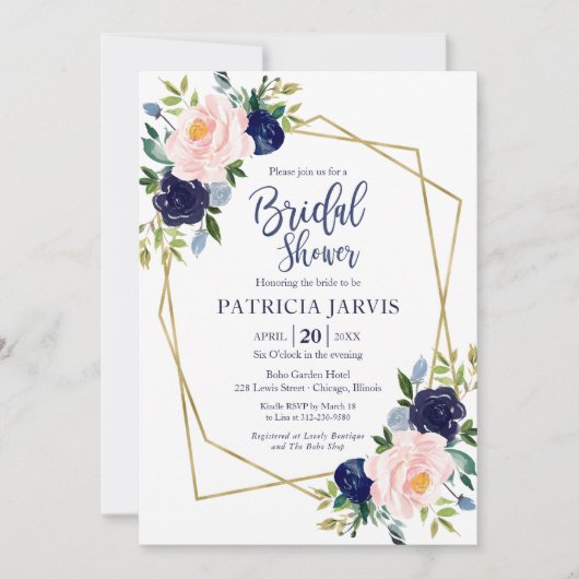 Goud Geometrisch Navy Blue Floral Vrijgezellenfees Kaart (Voorkant)