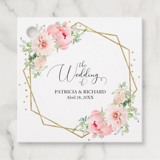 Goud Geometrisch Roze Blush Bloemen Bruiloft Bedankjes Labels (Voorkant)