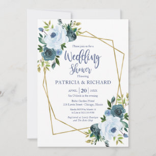 Goud Geometrisch Stoffig Blauw Bloemen Bruiloft Do Kaart