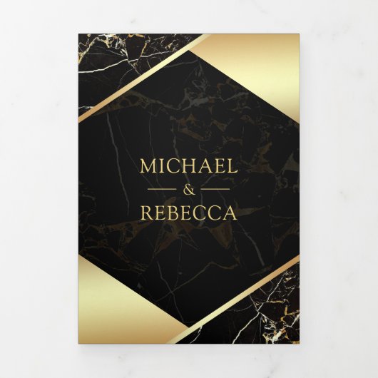 Goud Geometrisch Zwart Marmer Foto Bruiloft Drieluik Uitnodiging (Cover)