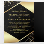 Goud Geometrisch Zwart Marmer Foto Bruiloft Drieluik Uitnodiging (Binnenzijde eerst)