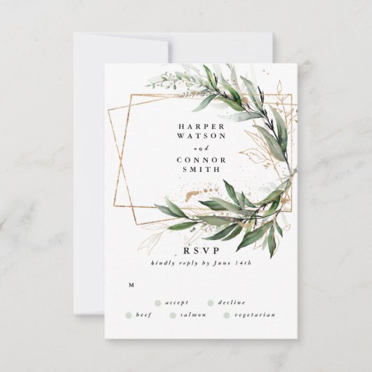 Goud Geometrische Eucalyptus Elegant Greenery Sage RSVP Kaartje (Voorkant)