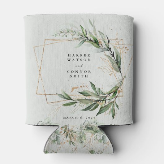 Goud Geometrische Eucalyptus Elegant Mos Bruiloft Blikjeskoeler (Achterkant)