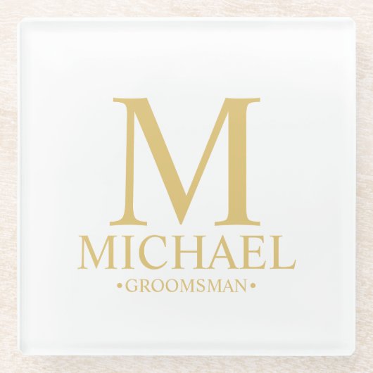 Goud Gepersonaliseerd Monogram en Naam Groomsman Glazen Onderzetter (Voorkant)