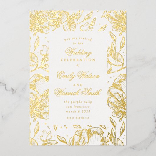 Goud geperst Elegant Hand Drawn Floral Wedding Folie Uitnodiging (Voorkant)