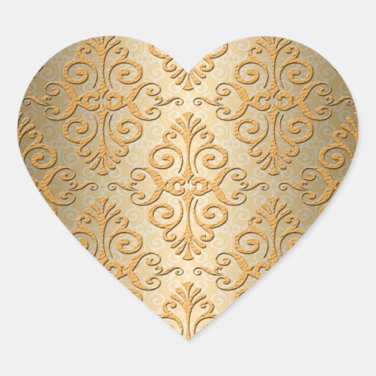 Goud geprägd uitziend damastpatroon hart sticker (Voorkant)