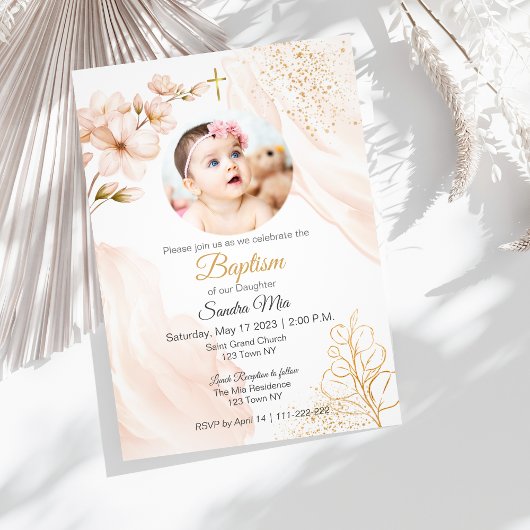Goud Geslacht Neutraal met Foto Baptisme Uitnodigi Kaart