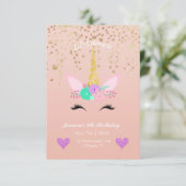 Goud Gespikkeld | Floral Unicorn Birthday Kaart (Staand voorkant)