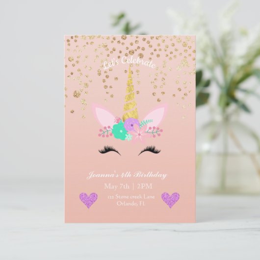 Goud Gespikkeld | Floral Unicorn Birthday Kaart (Staand voorkant)