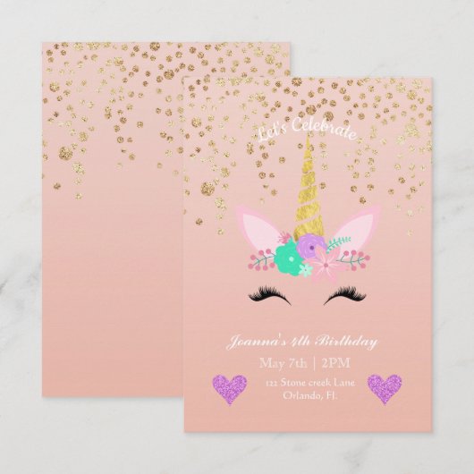 Goud Gespikkeld | Floral Unicorn Birthday Kaart (Voorkant / Achterkant)