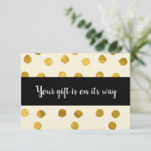 Goud gespot, cadeau is onderweg bedankkaart (Staand voorkant)