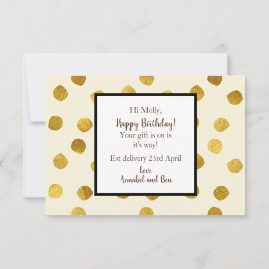 Goud gespot, cadeau is onderweg bedankkaart (Achterkant)