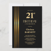 Goud gestreepte zwarte 21e verjaardagsfeestje kaart (Voorkant)