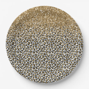 Goud Glam Zwart Leopard Print Glitter Sparkle Papieren Bordje
