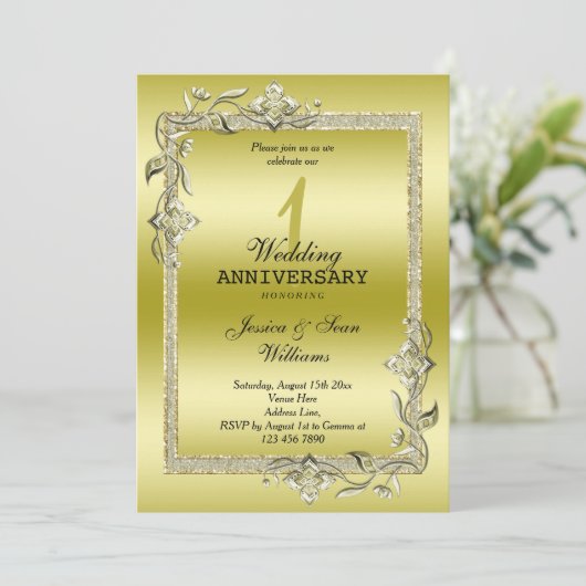 Goud Glans & Glitter 1e huwelijksverjaardag Kaart (Staand voorkant)