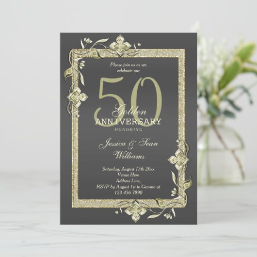 Goud Glans & Glitter 50ste Gouden Bruiloft Kaart (Staand voorkant)