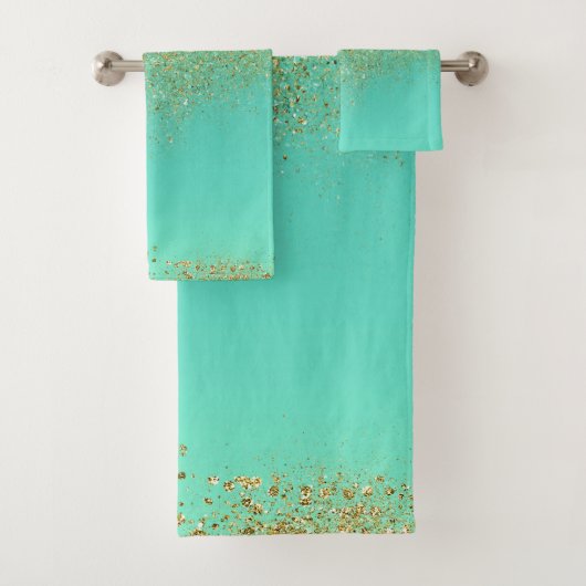 Goud glinsterend waterval-effect & turquoise aqua  bad handdoek (Insitu)