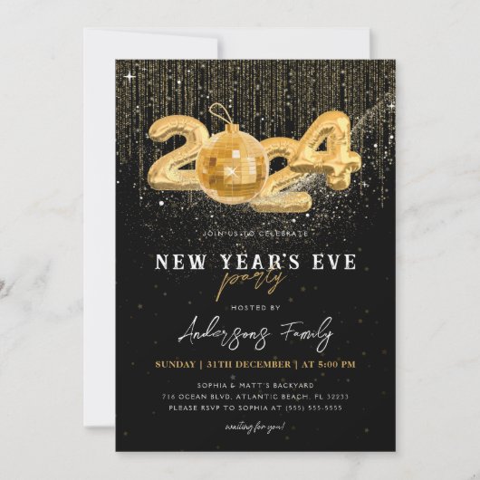 Goud Glitter 2024 Nieuwjaarsfeest Black Kaart (Voorkant)