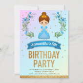 Goud Glitter Blauw Bloemen Prinses Verjaardagsfees Kaart (Voorkant)