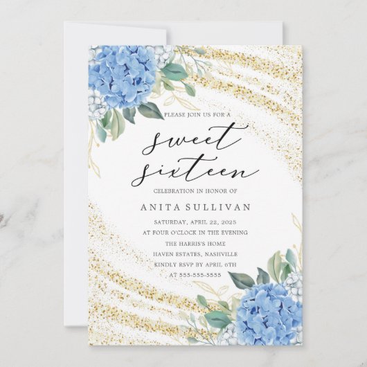 Goud Glitter Blauw Bloemen Zoet Zestien 16 Verjaar Kaart (Voorkant)