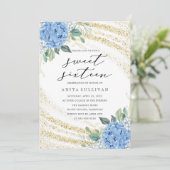 Goud Glitter Blauw Bloemen Zoet Zestien 16 Verjaar Kaart (Staand voorkant)